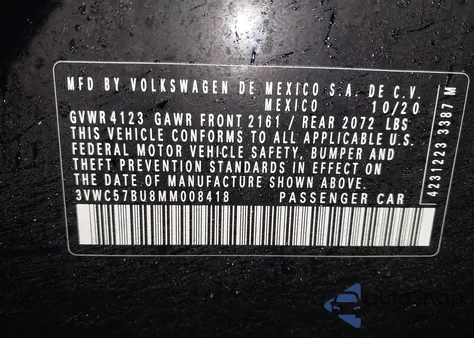 2021 Volkswagen Jetta 1.4T R-Line/1.4T S/1.4T Se из США, поврежденный, VIN 3VWC57BU8MM008418